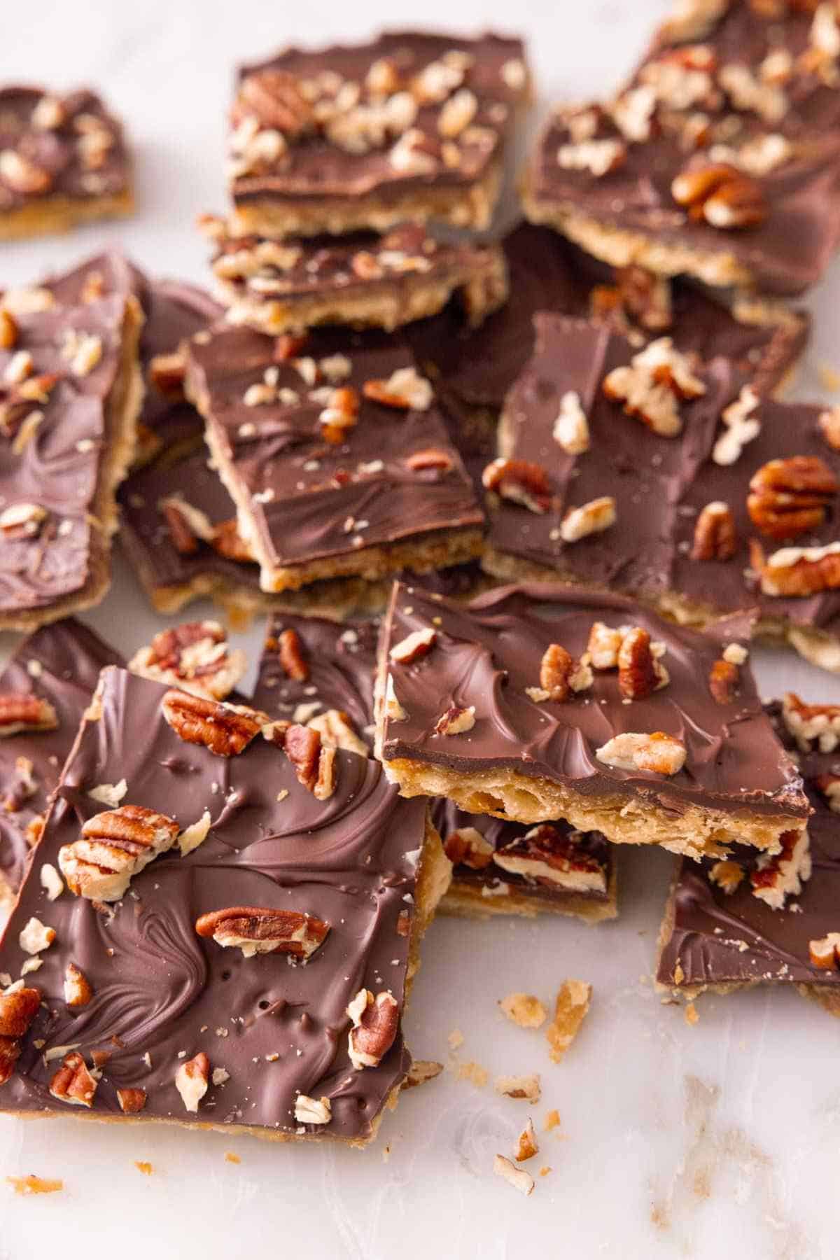 Close-up of a pile of Christmas crack on a marble counter.