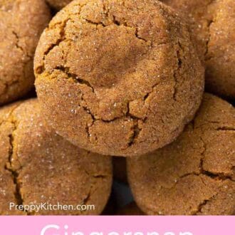 Pinterest graphic of a close-up of a pile of ginger snap cookies.