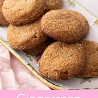Pinterest graphic of gingersnap cookies piles on a platter.