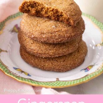 Pinterest graphic of a stack of gingersnaps on a small plate.