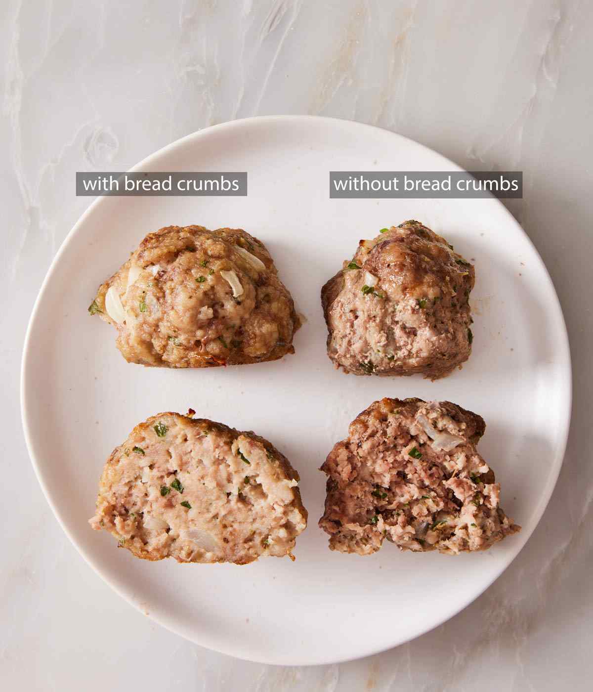 Comparison image showing this meatball recipe made with and without bread crumbs.