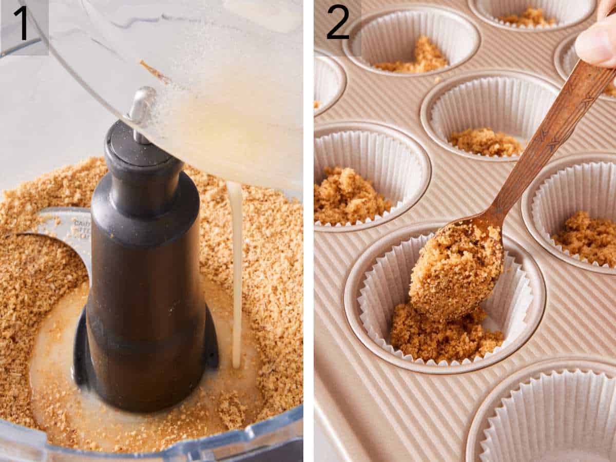 Set of two images showing butter added to graham crackers crumbs, and the mixture divided in a lined muffin pan.