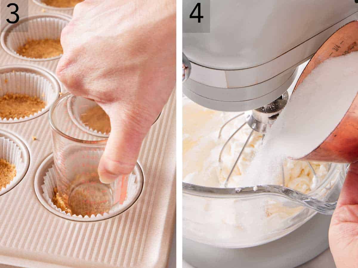 Set of two images showing the crust flattened with a small glass, and sugar added to the filling ingredients in the stand mixer.