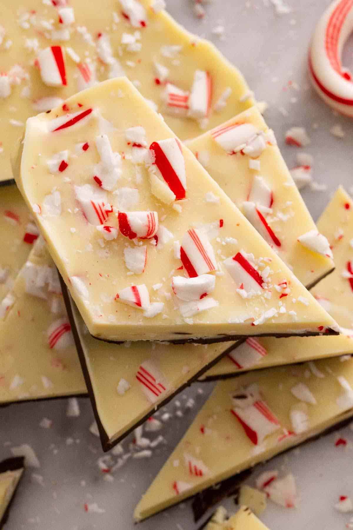 Close-up of a stack of homemade peppermint bark.