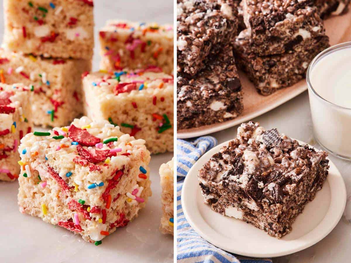 Set of two images showing strawberry sprinkle Rice Krispie treats, and Oreo Rice Krispie treats.