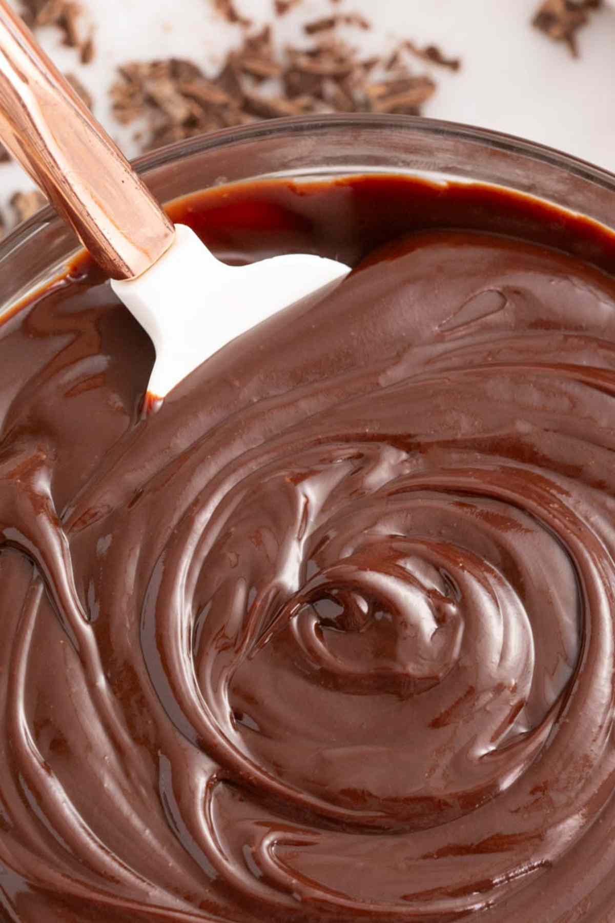 Close-up of a bowl of glossy ganache with a spatula.