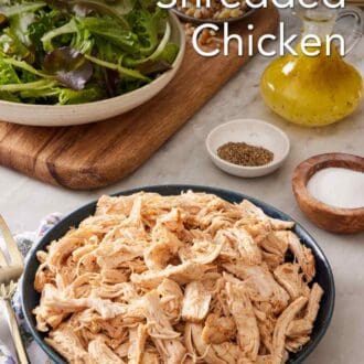 Pinterest graphic of Instant Pot shredded chicken with greens and other salad ingredients behind it.