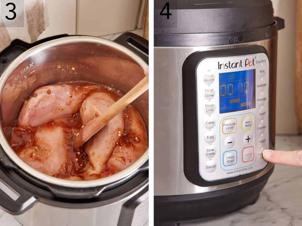 Set of two images showing everything stirred together, and pressure cooker programmed.