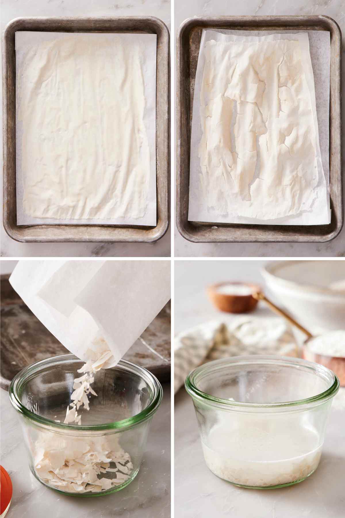 Set of images showing how to dehydrate and rehydrate sourdough starter.