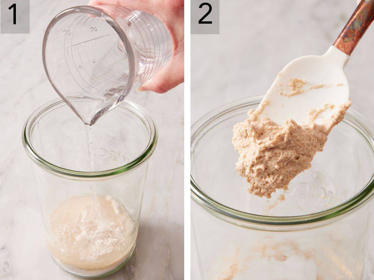 Set of two images showing flour and water mixed in a jar and stirred together.