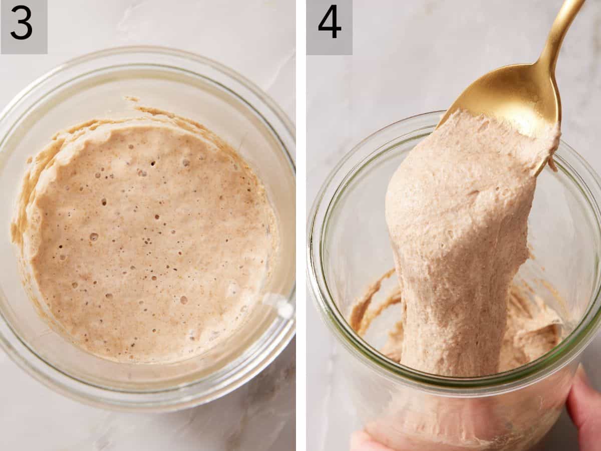 Set of two images showing bubbles formed on the surface of the mixture and a spoon dipped in and lifted out to show how stretchy it is.
