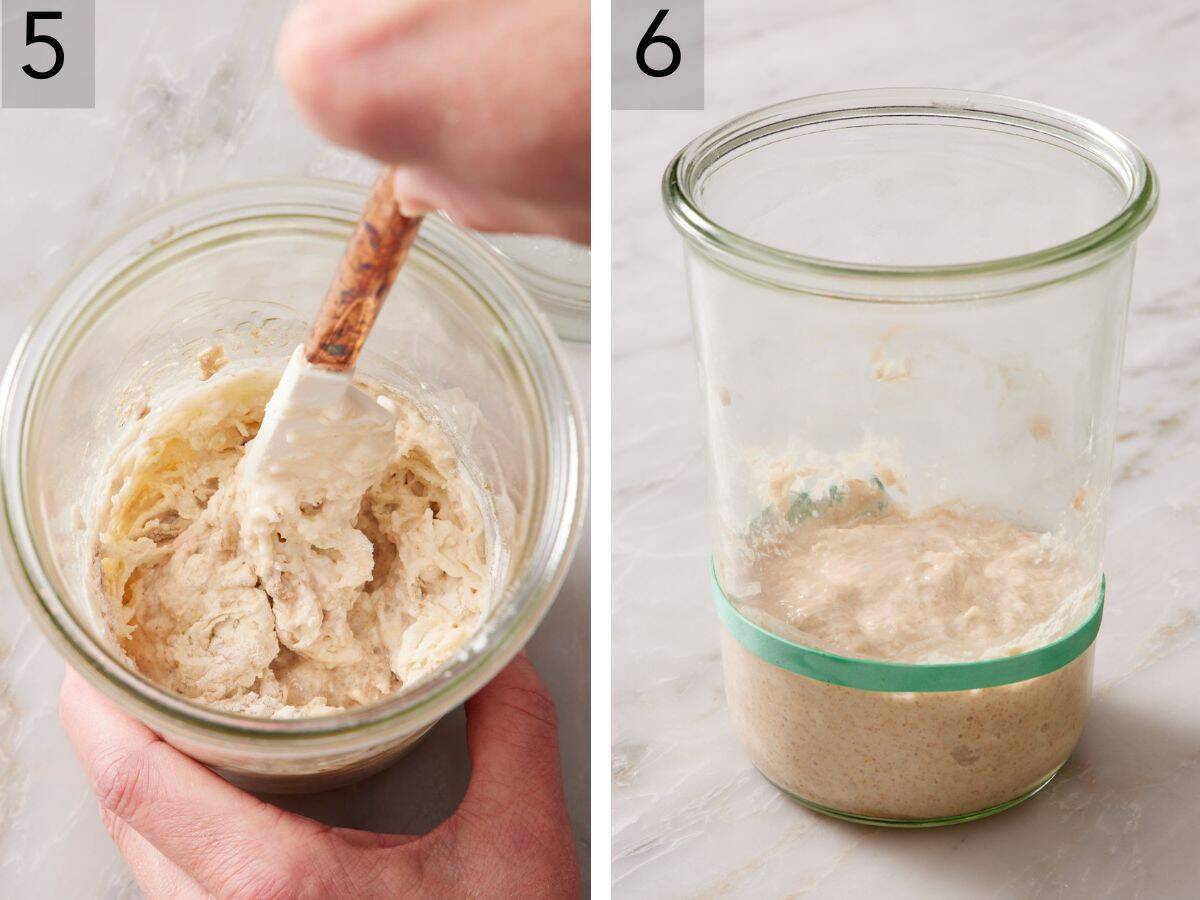 Set of two images showing the starter stirred and a rubber band used to mark its level before rising.