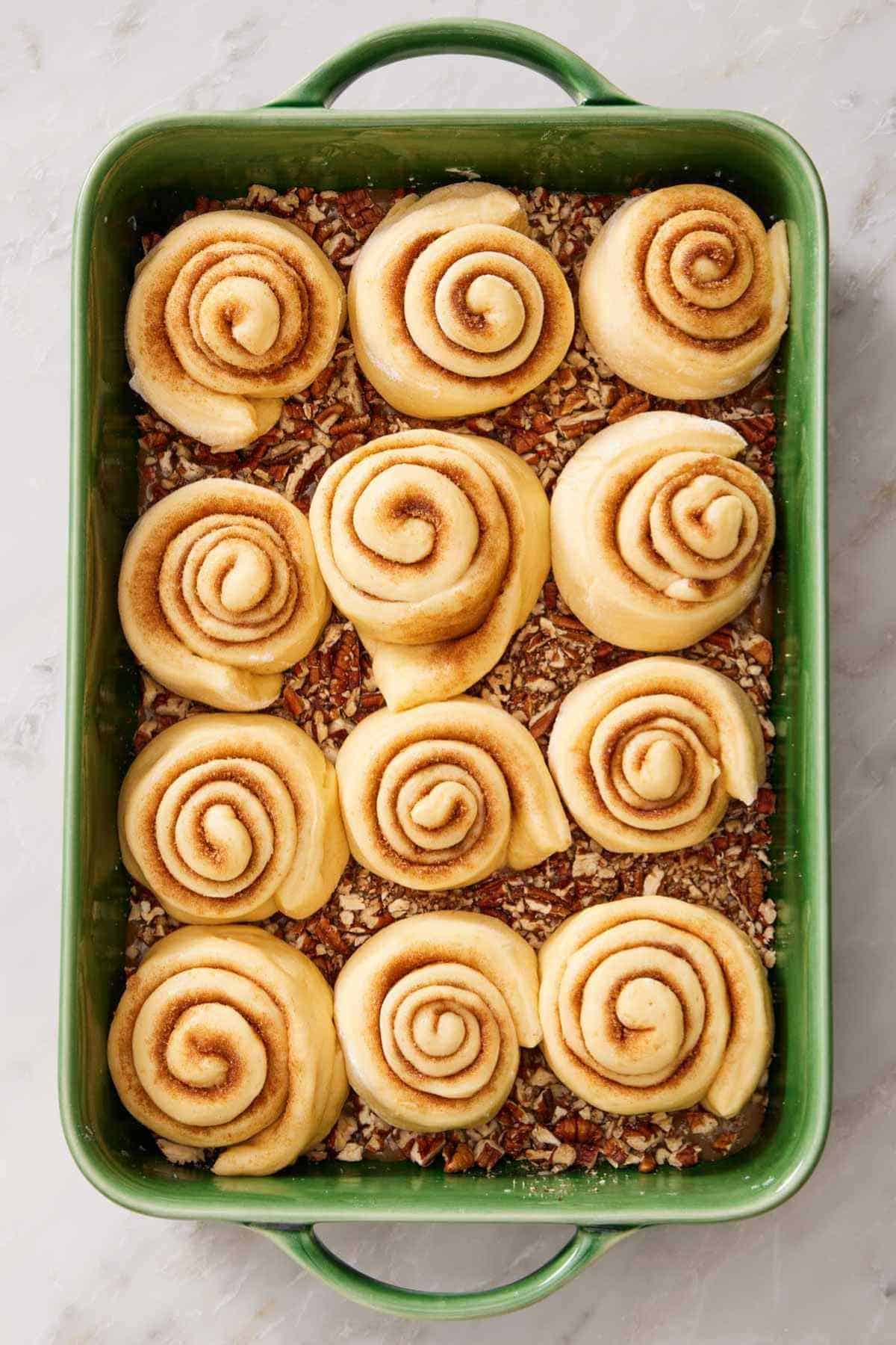 Overhead shot of unbaked homemade sticky buns.
