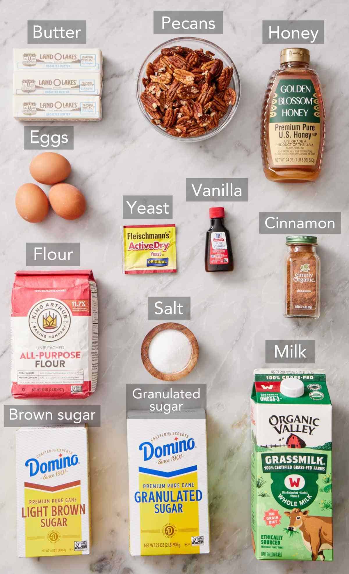 Ingredients for easy pecan sticky buns recipe.