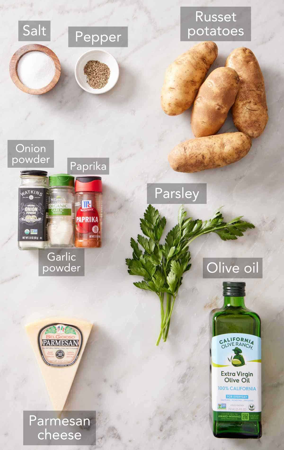 Ingredients for baked potato wedges recipe.