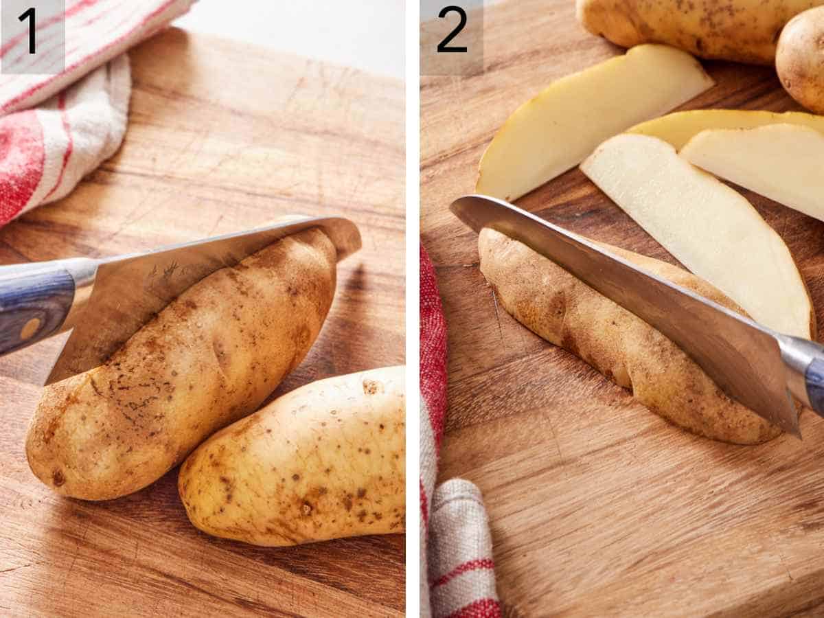 Set of two images showing russet potatoes cut into wedges.