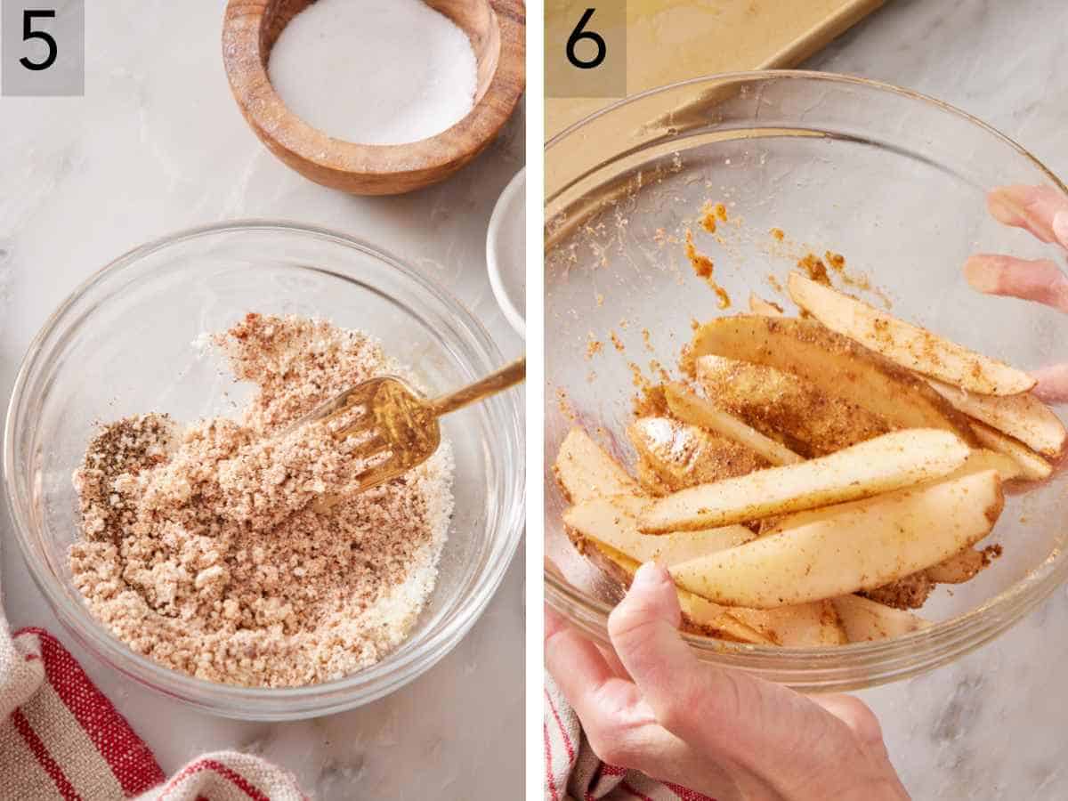 Set of two images showing seasonings mixed in a bowl, and potatoes seasoned.