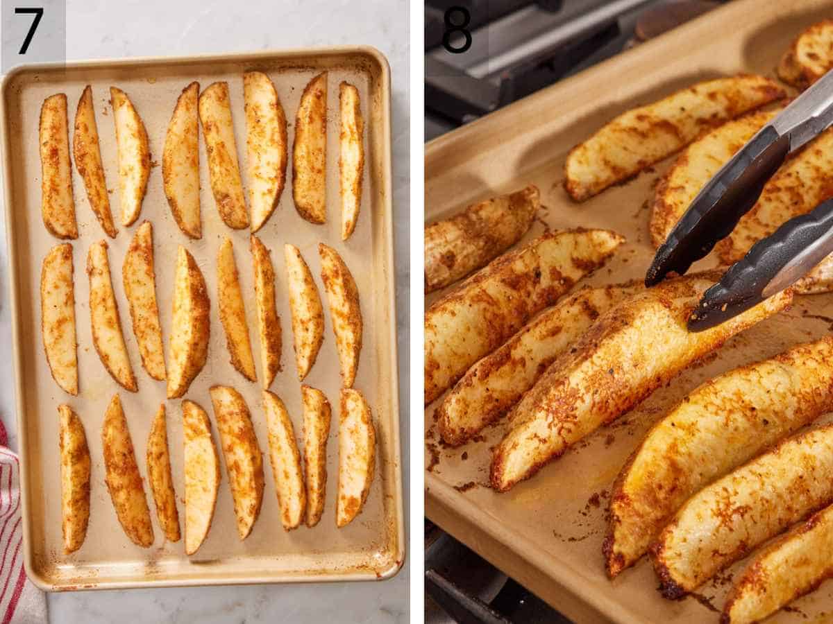 Set of two images showing seasoned potato wedges on a baking sheet, and flipped after baking for a period of time.