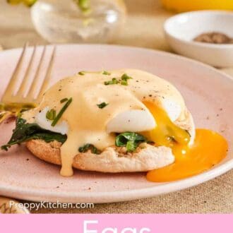 Pinterest graphic showing eggs Florentine with the yolk broken and running off.