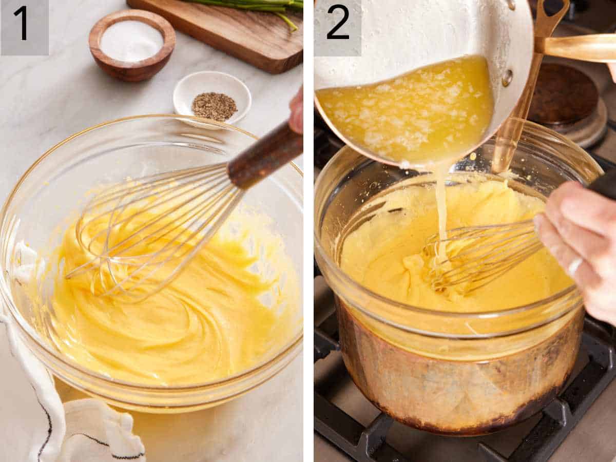 Set of two images showing egg yolks whisked, and butter added to the yolks.