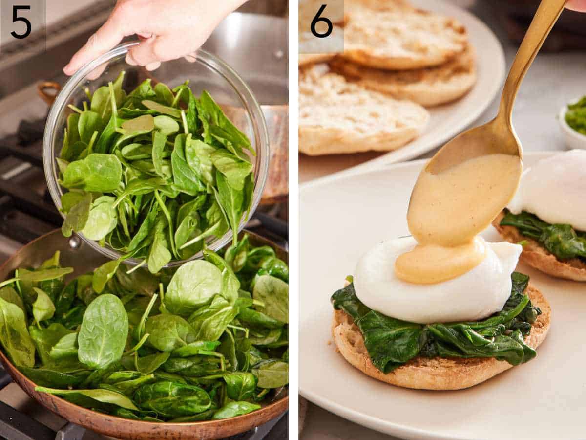 Set of two images showing spinach cooked in a skillet, and eggs Florentine assembled.