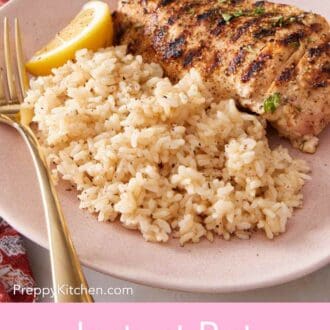 Pinterest graphic of rice and chicken on a plate.