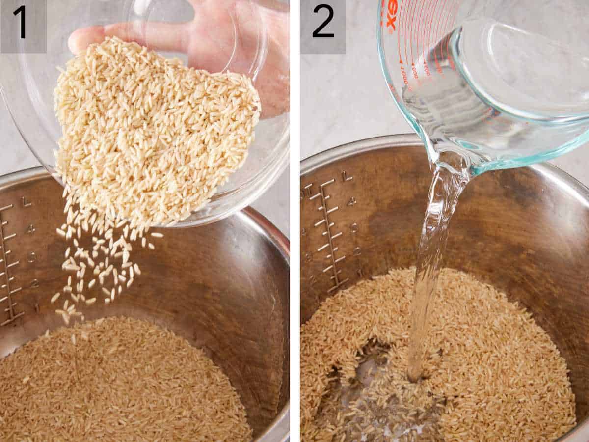 Set of two images showing brown rice and water added to Instant Pot.