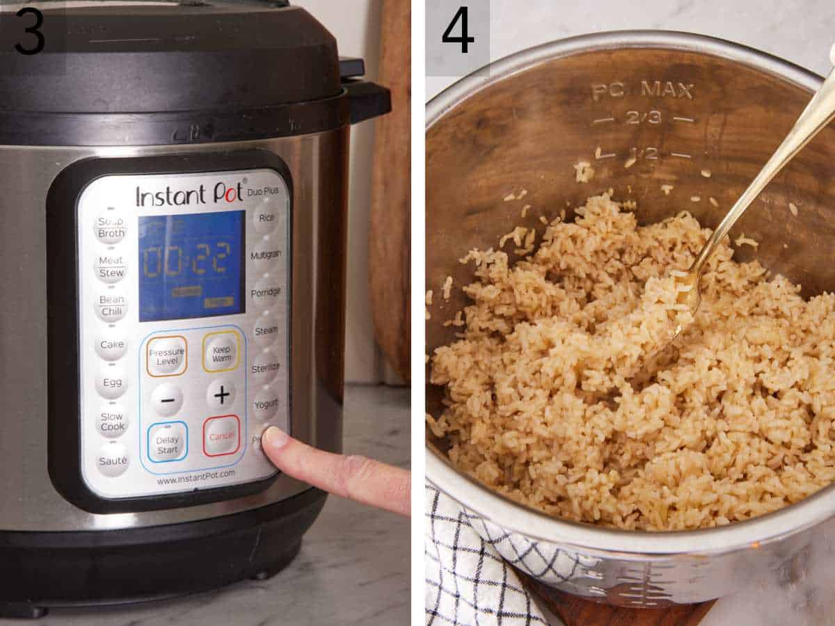Set of two images showing pressure cooker programmed, and brown rice fluffed with a fork.