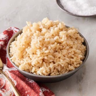 A small bowl piled with Instant Pot brown rice.