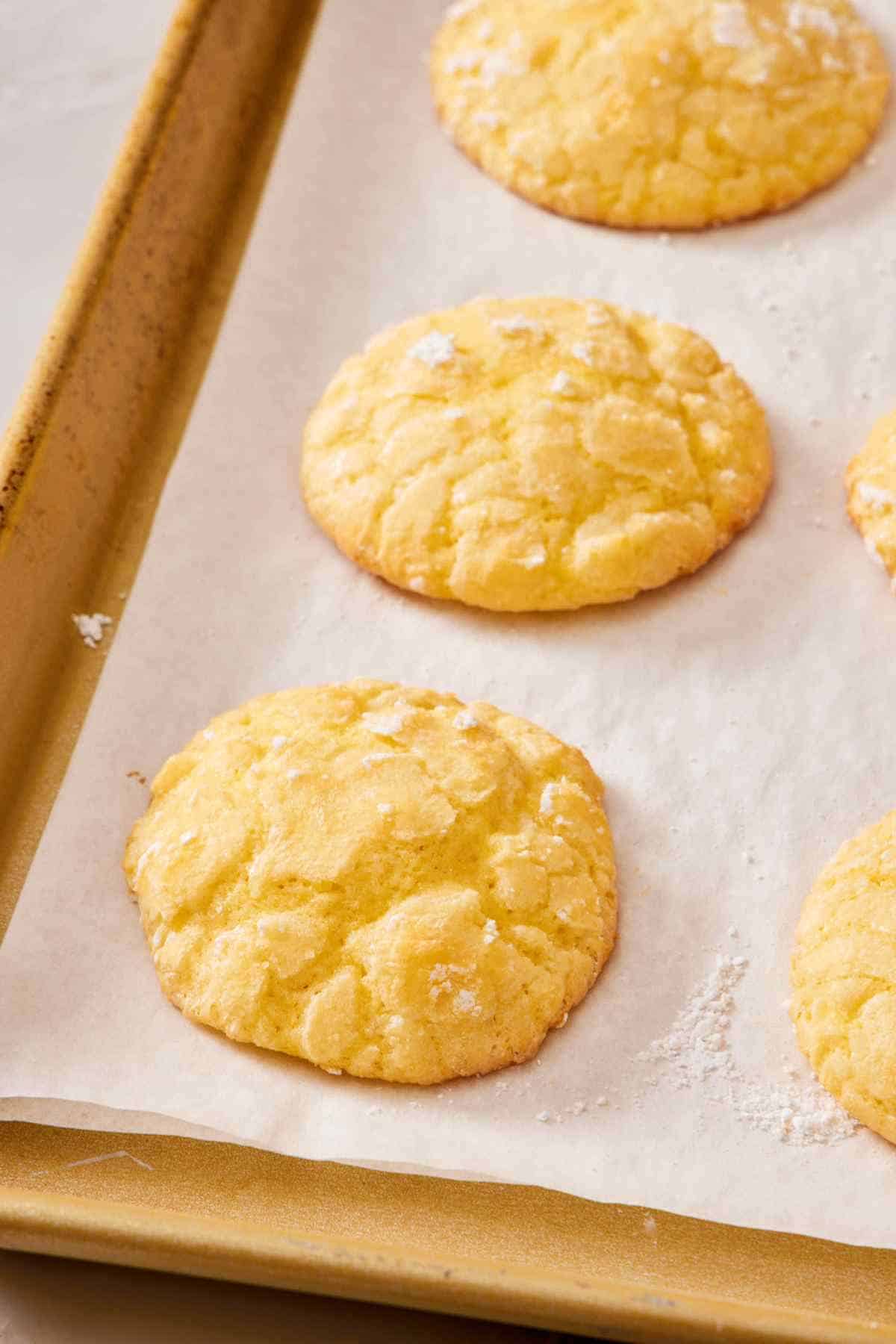 Baked lemon crinkle cookies that had been chilled overnight with the sugar coating.