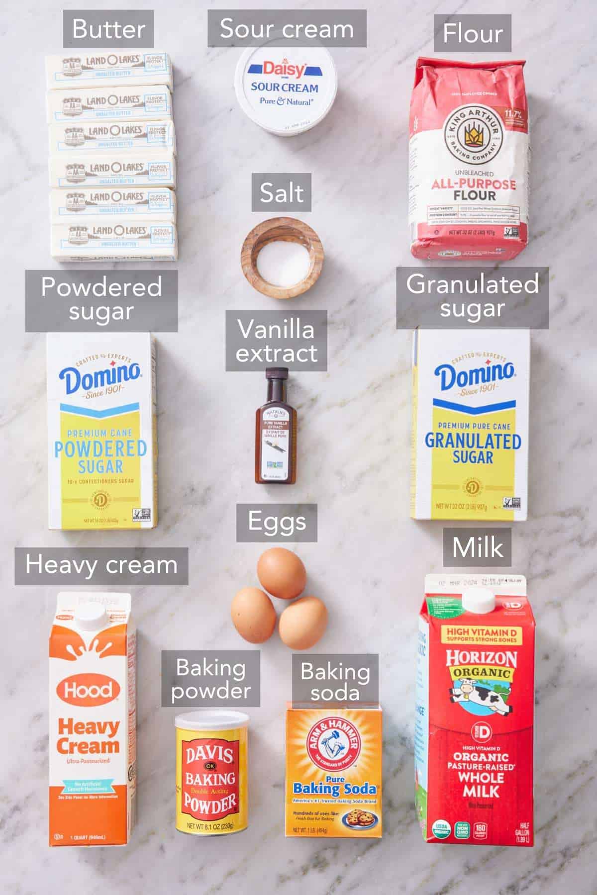 Ingredients for moist vanilla cupcake recipe.