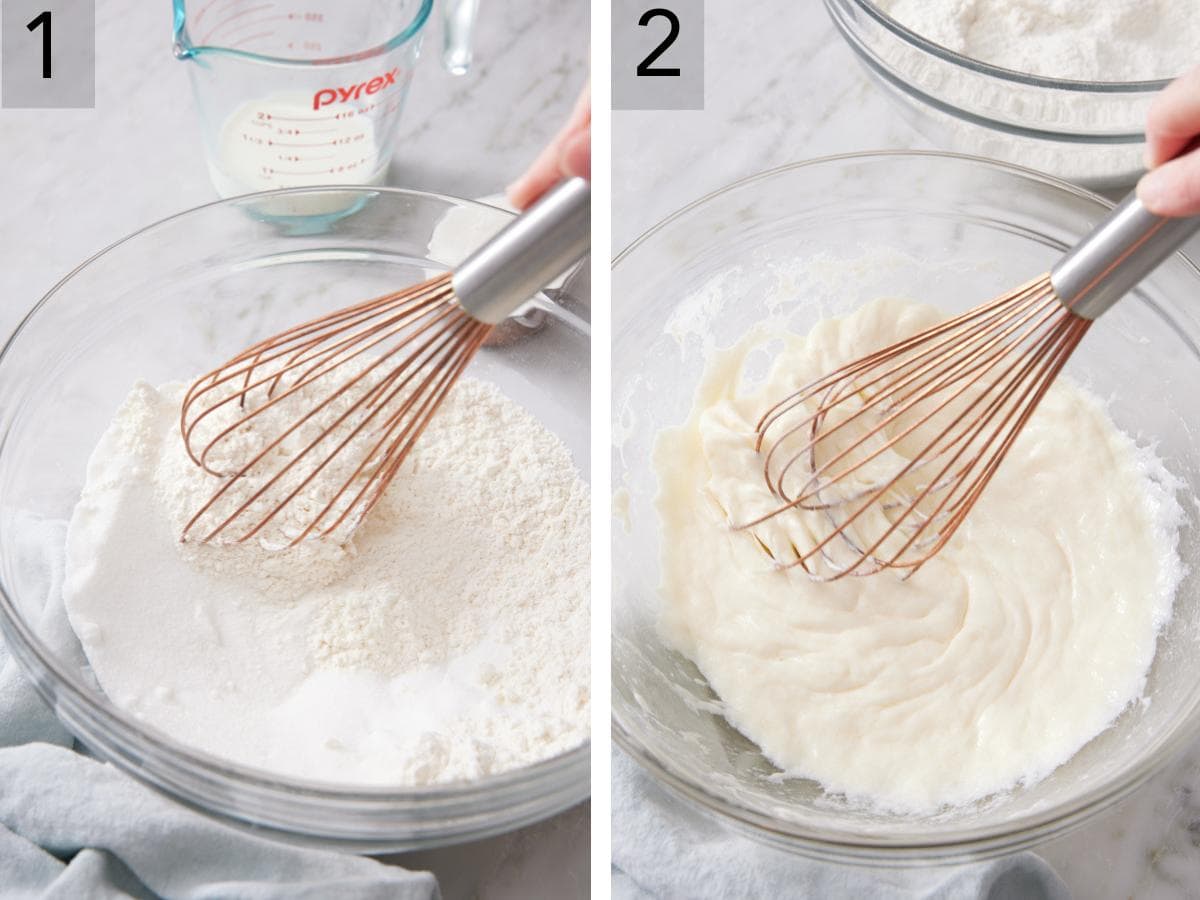Set of two images showing dry ingredients and wet ingredients whisked in separate bowls.