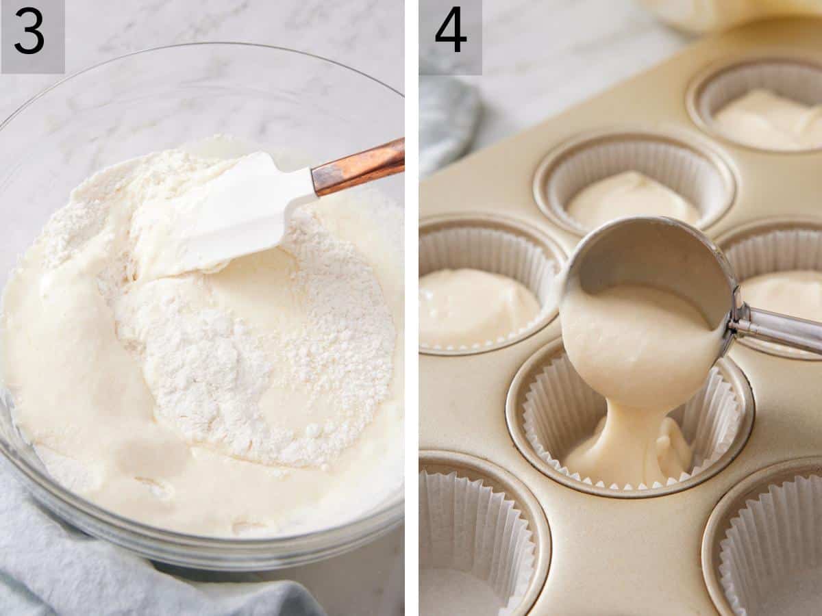 Set of two images showing dry ingredients folded into wet ingredients and batter added to a muffin tin.