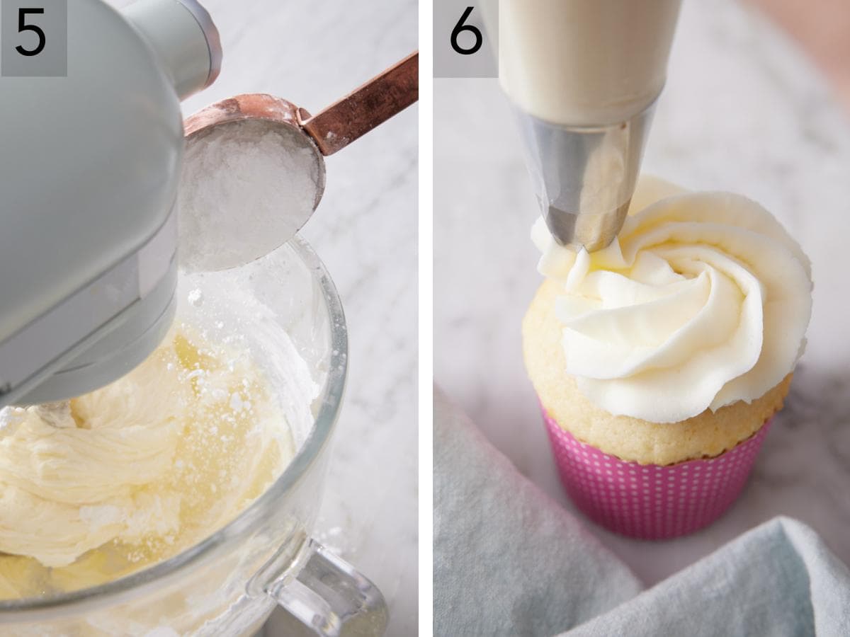 Set of two images showing powdered sugar added to a mixer and moist vanilla cupcake recipe frosted.