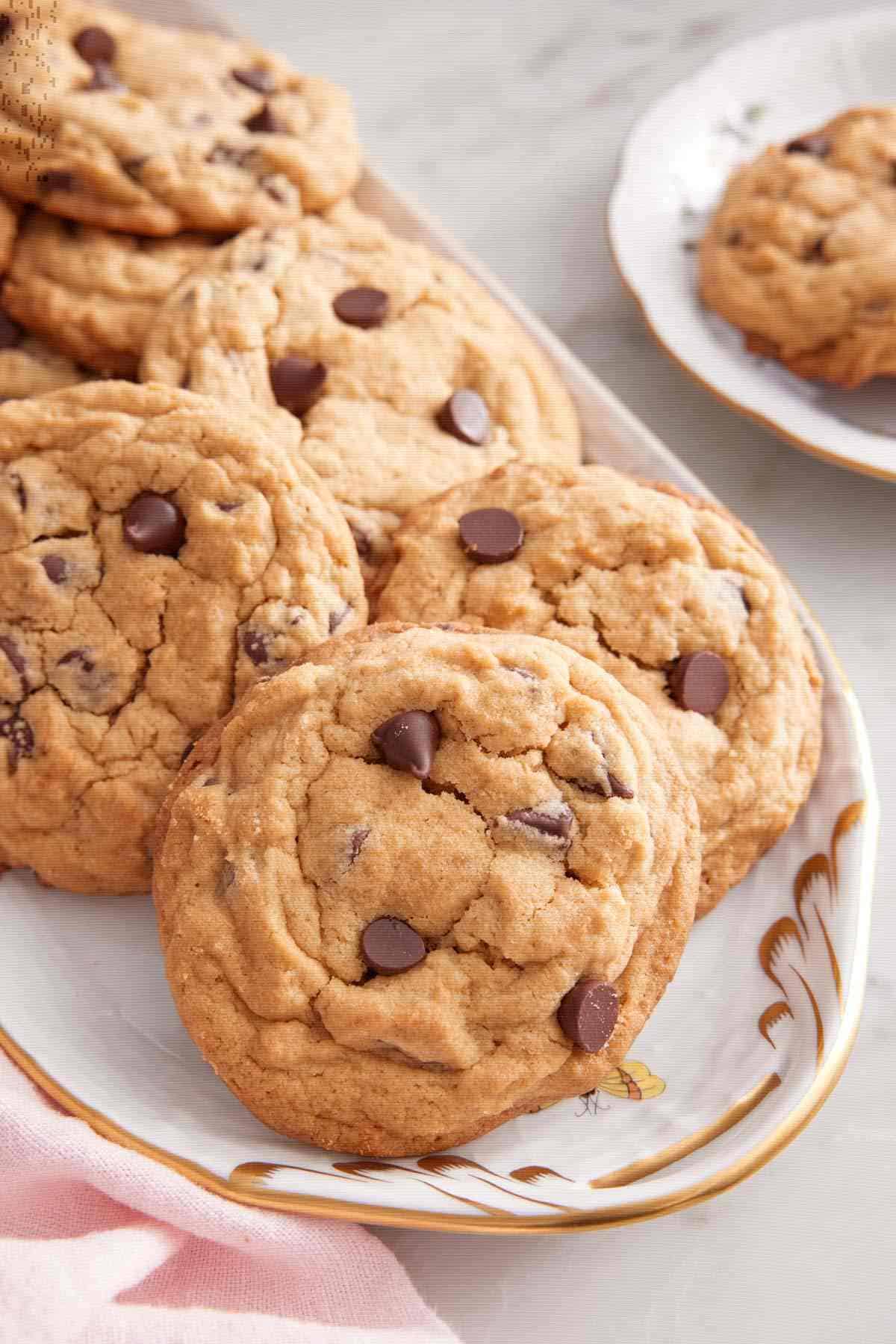 Peanut butter chocolate chip cookies on a platter.