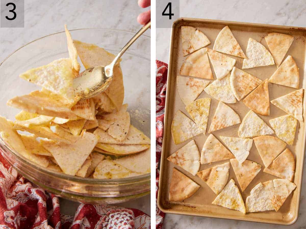 Set of two images showing sliced pita bread tossed with oil and seasonings, and spread on a baking tray.