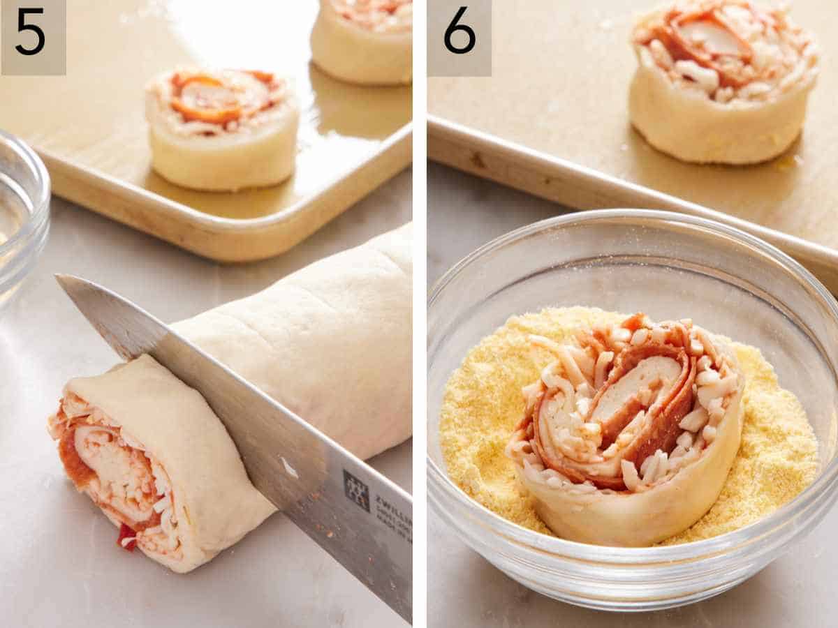 Set of two images showing the rolled up dough cut, then dipped in cornmeal.