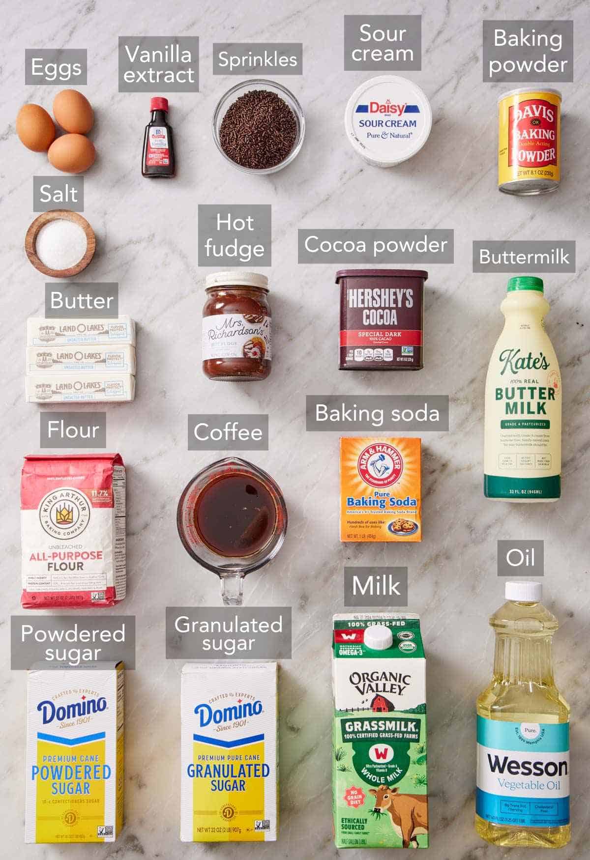 Ingredients for chocolate sheet cake.