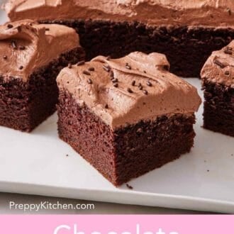 Pinterest graphic of a few slices of chocolate sheet cake cut and pulled in front of the rest of the cake.