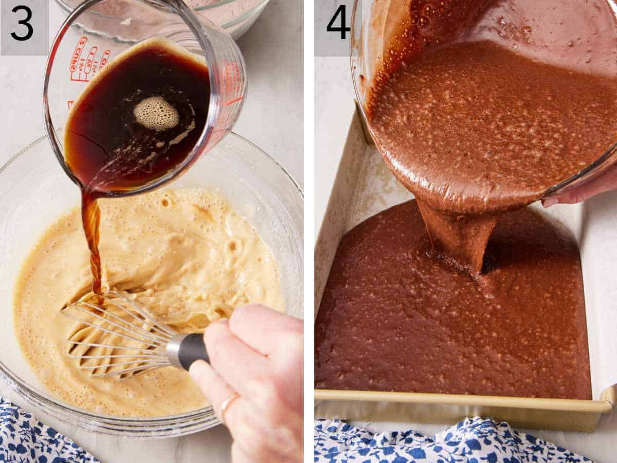 Set of two images showing coffee added to the wet ingredients, and the batter poured into a cake pan.