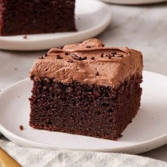 Close-up of a slice of chocolate sheet cake on a small plate.