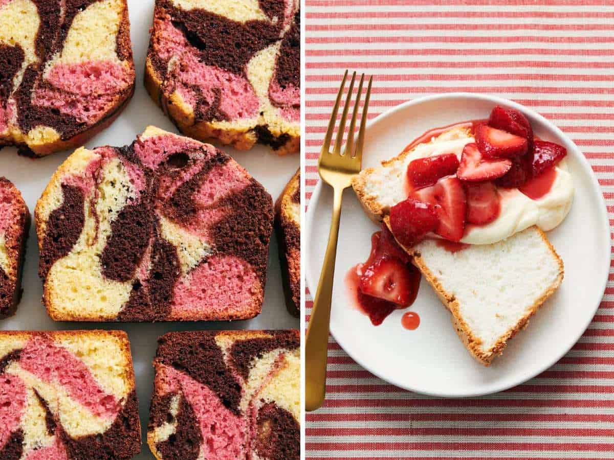 Set of two images showing a marble cake and another slice of cake with a topping of berries and cream from the cookbook.