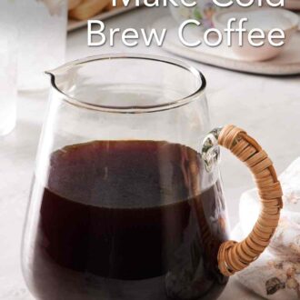 Pinterest graphic showing a pitcher of cold brew on a marble surface.