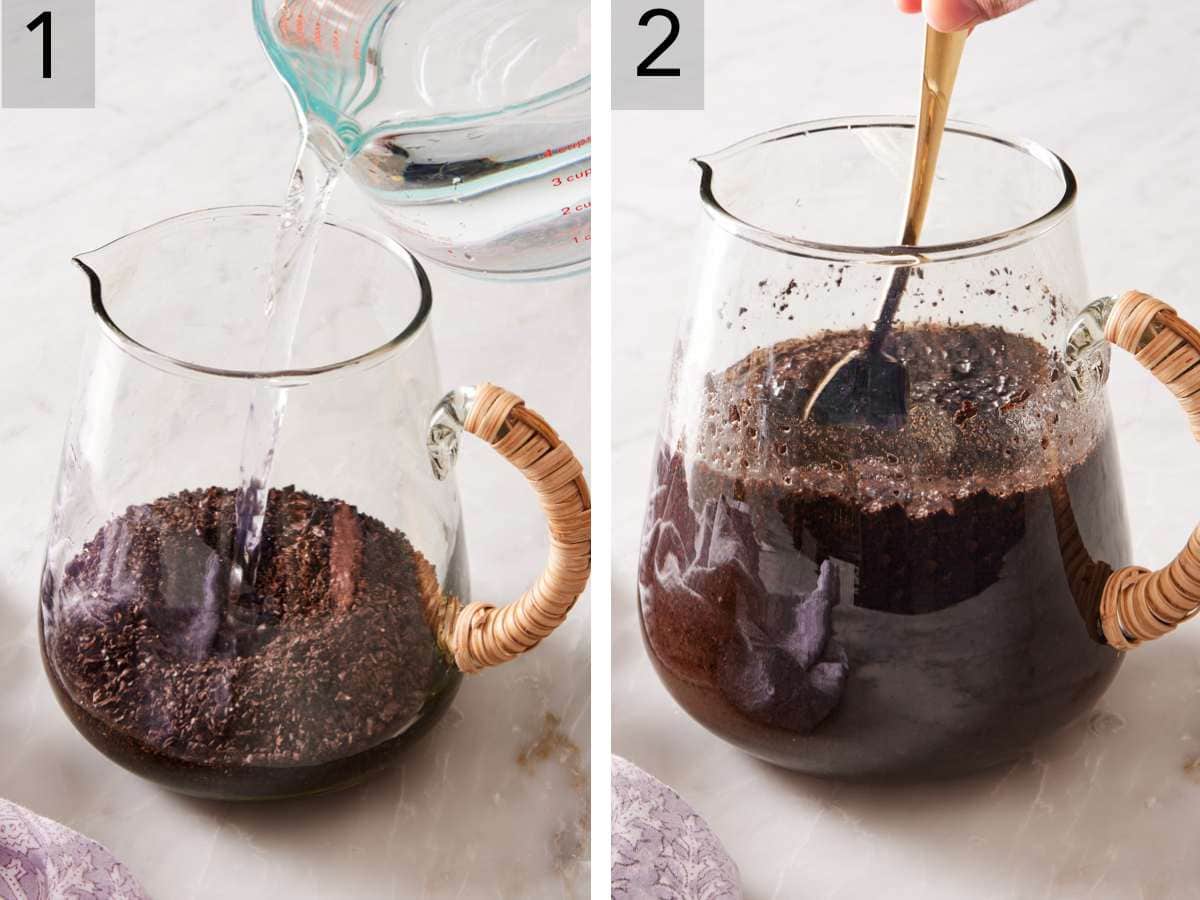 Set of two images showing filtered water poured over coffee grounds in a pitcher, and stirred well.