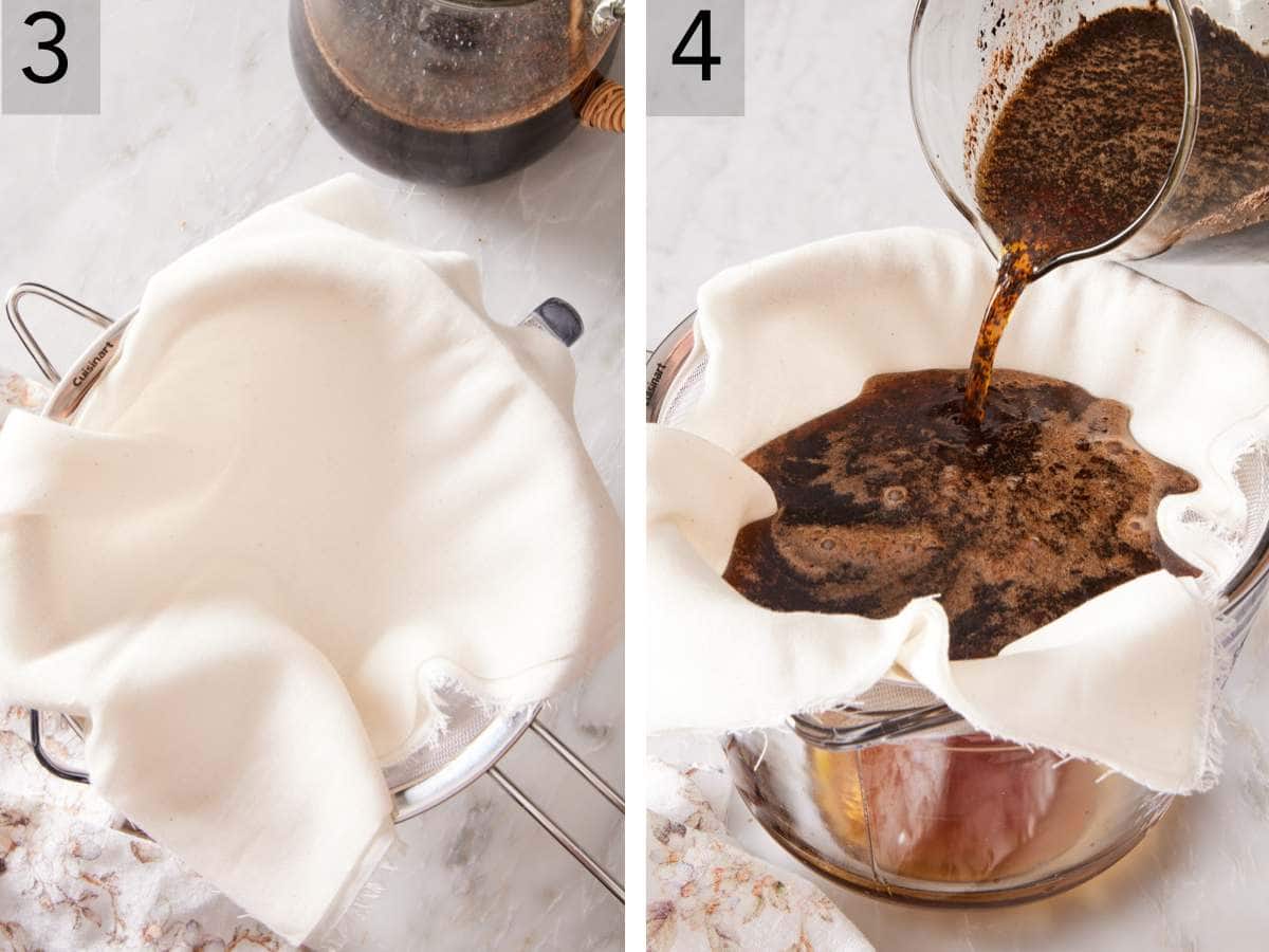 Set of two images showing cheesecloth set over a fine mesh sieve in a large measuring cup, and coffee poured in to strain out the grounds.