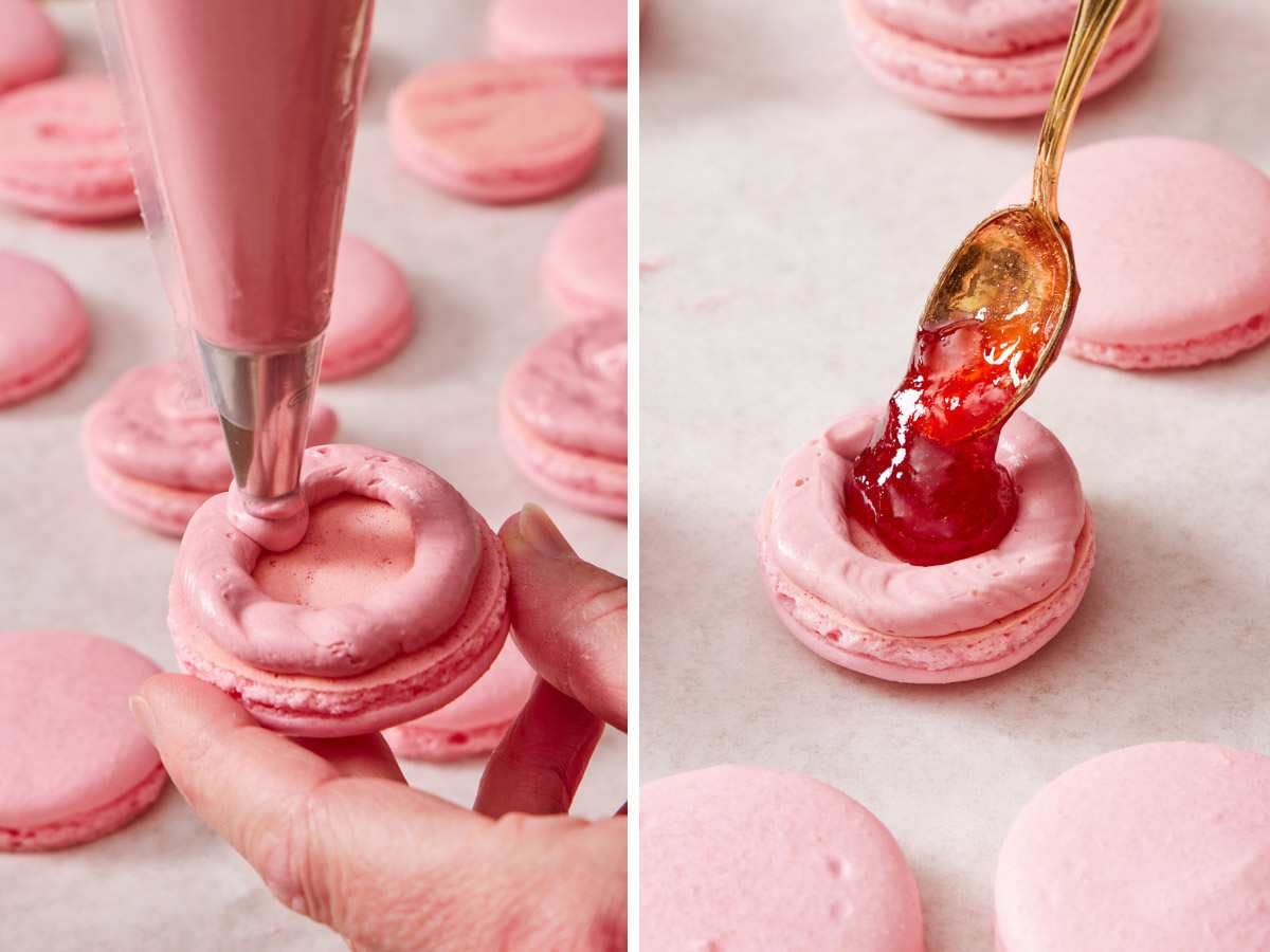 Set of two images showing an alternate filling option for this macaron recipe: A ring of buttercream with jam in the middle.