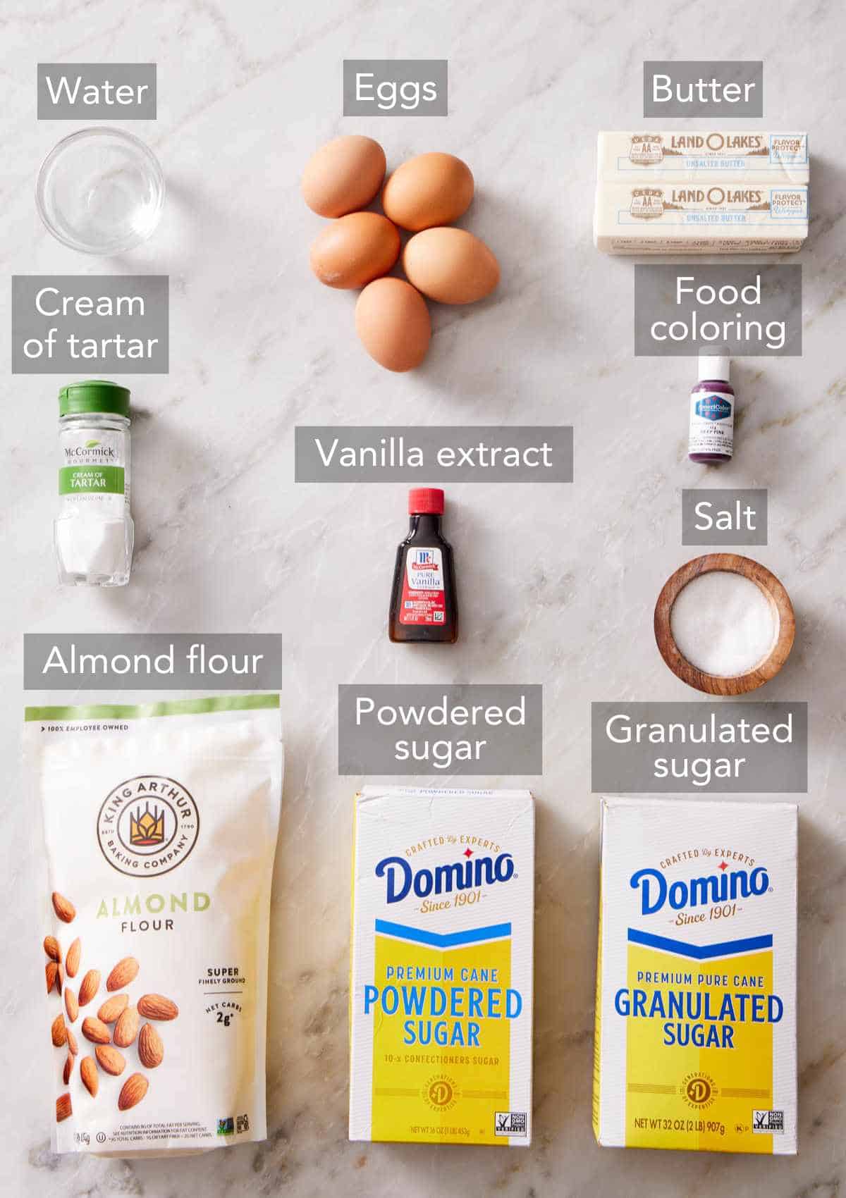 Ingredients needed for this macaron recipe.