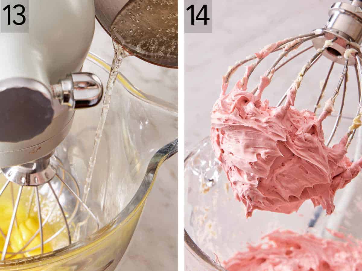 Set of two images showing sugar syrup added to beaten egg yolks, and the frosting whipped until creamy.