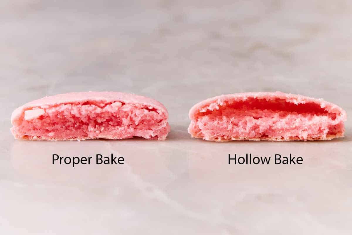 Comparison image showing the inside of two macaron recipe shells: One properly baked, and one with a hollow interior.