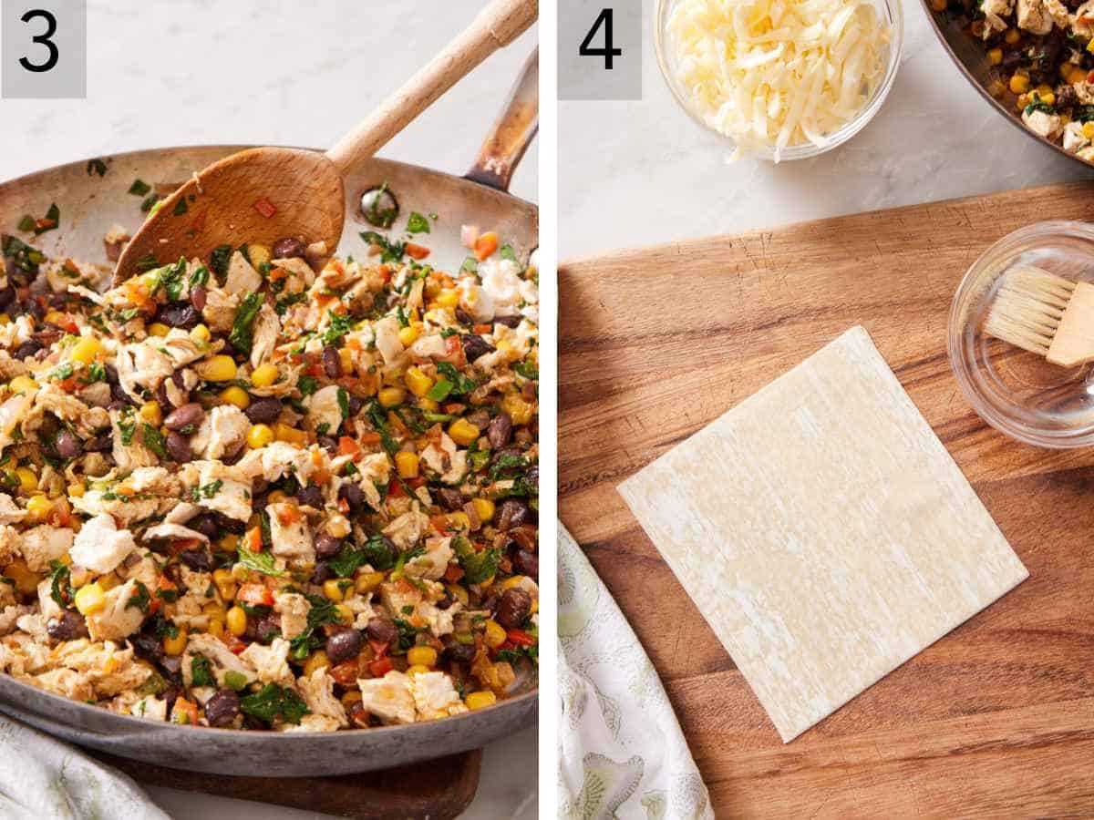 Set of two images showing black beans and chicken stirred into filling, and egg roll wrapper positioned on a wooden cutting board.